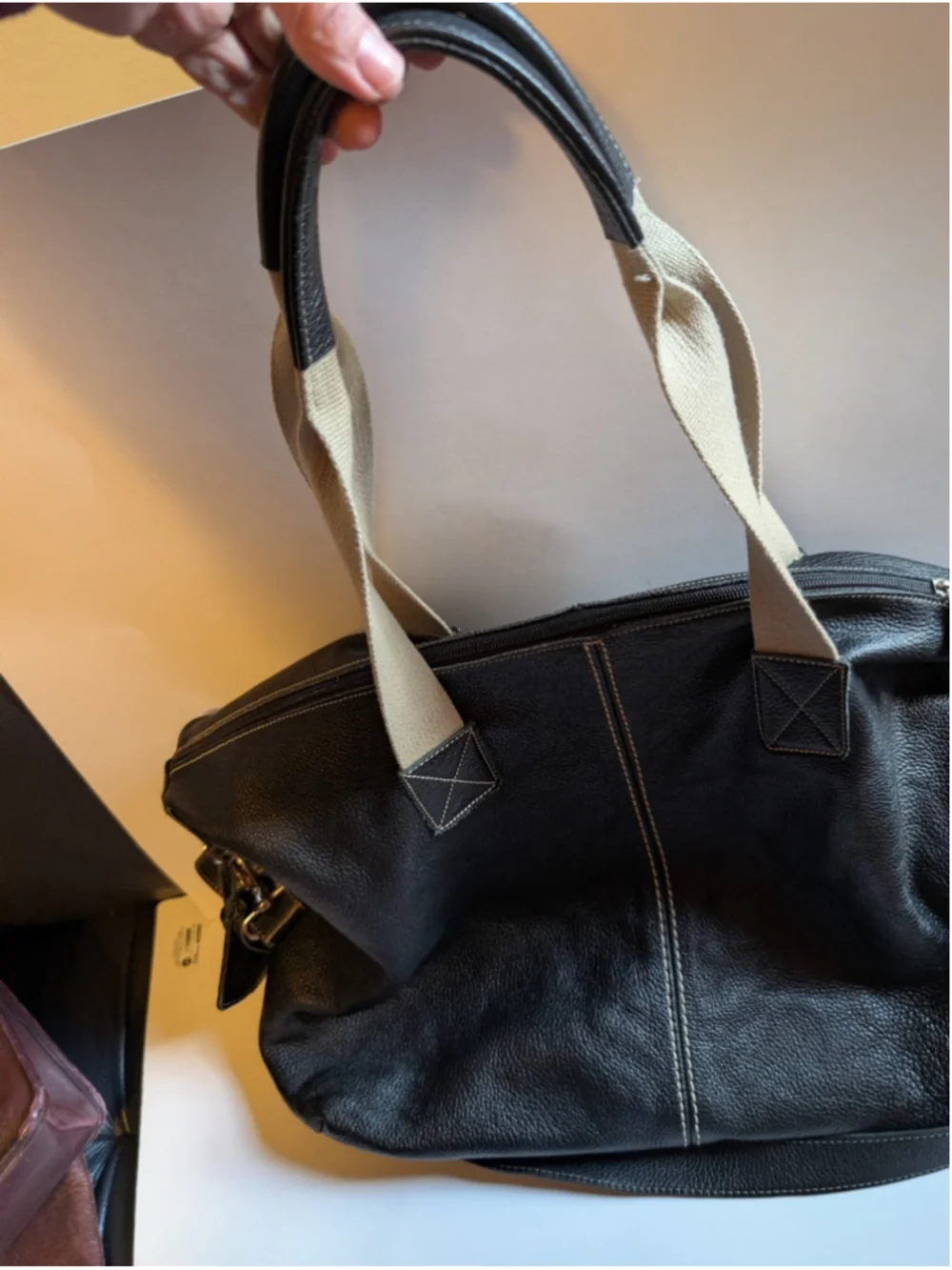 Roots Large Black Leather Shoulder Bag with Canvas Straps